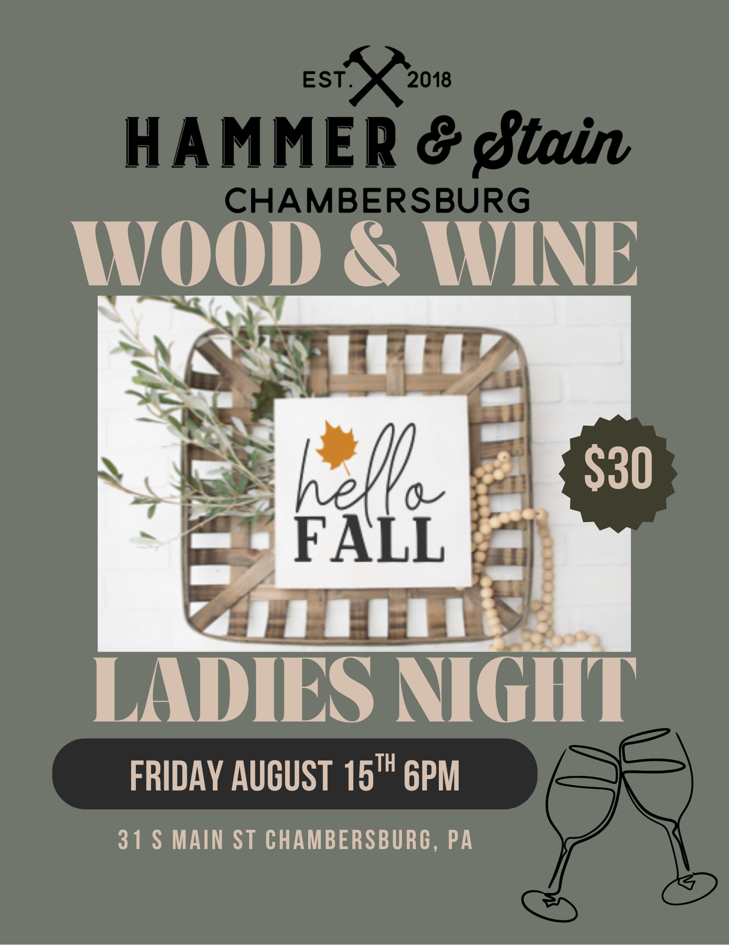 08/15/25 Wood & Wine Ladies Night Workshop $30 6pm