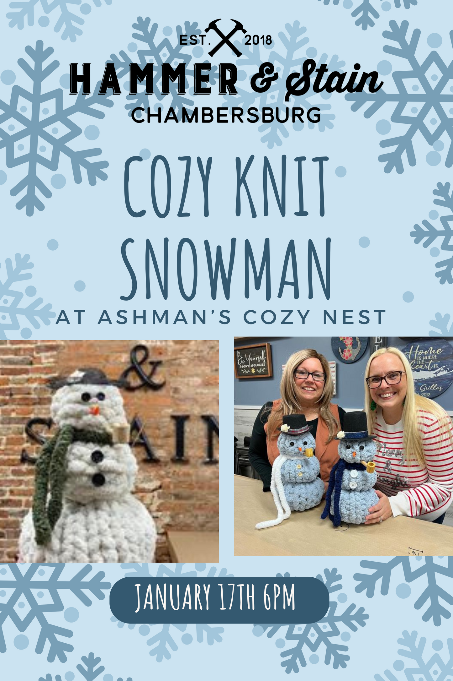 01/17/25 Cozy Knit Snowman Workshop at Ashman's Cozy Nest 6pm