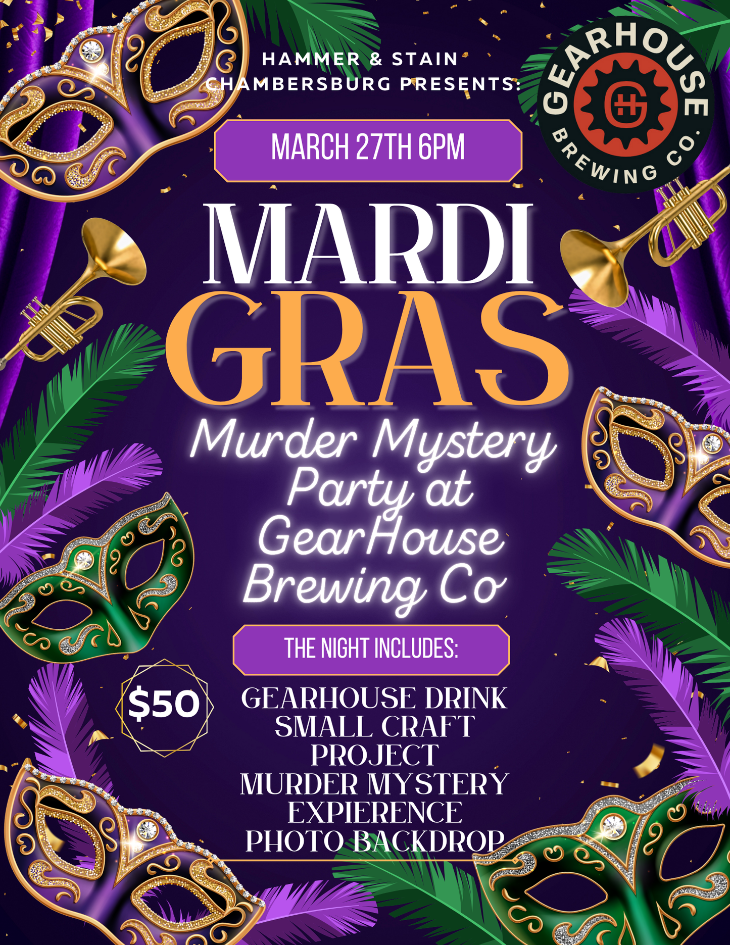 03/27/25 Mardi Gras Murder Mystery Party at GearHouse Brewing Co! 6pm