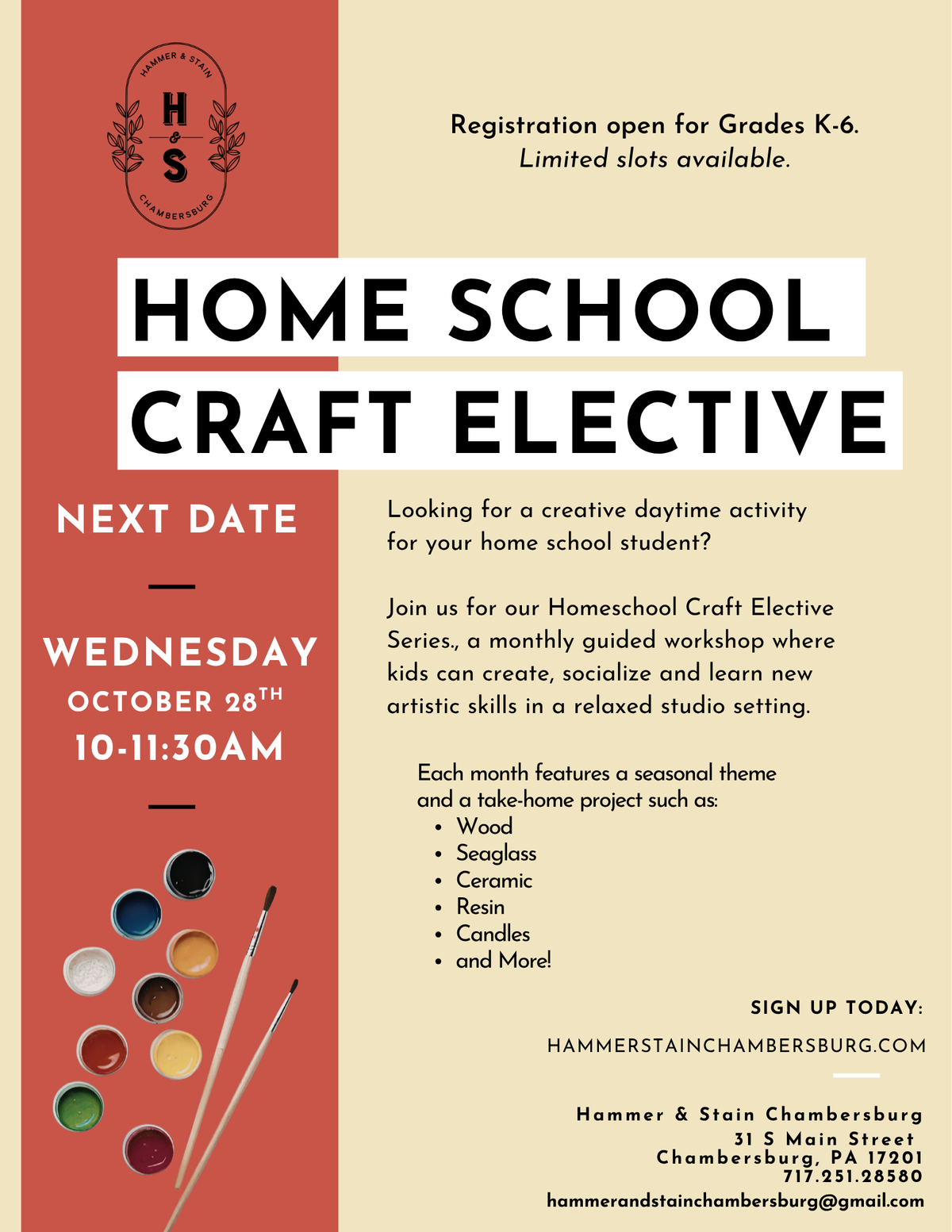 10/28/26 Homeschool Craft Electives- Fall Ceramics Beginner Friendly 10:00am