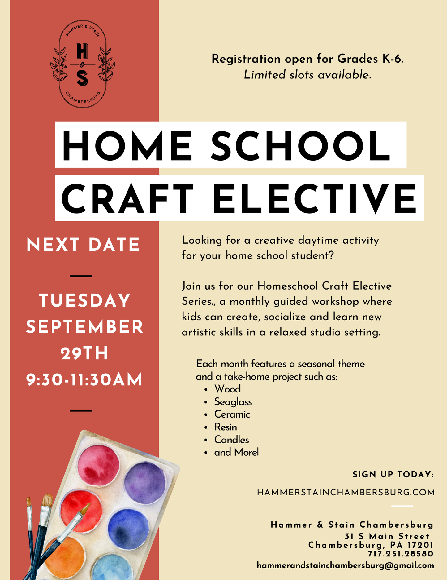 09/29/26 Homeschool Craft Electives- Fall Mini Beginner Watercolor 9:30am