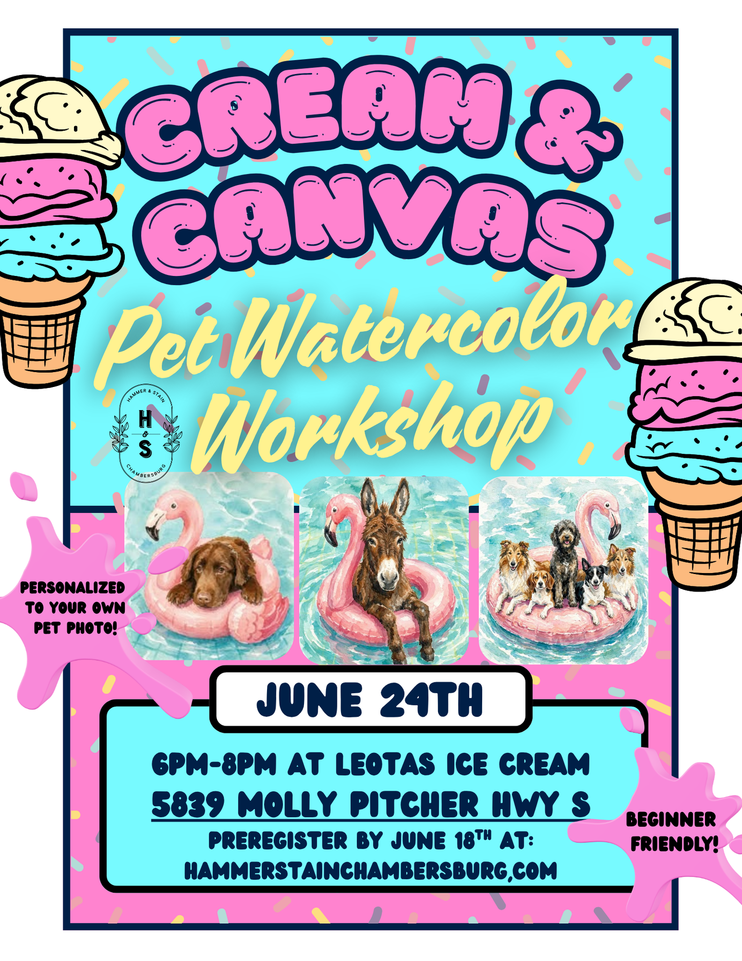 06/24/26  Cream & Canvas Pet Watercolor Workshop at Leota's Ice Cream 6pm