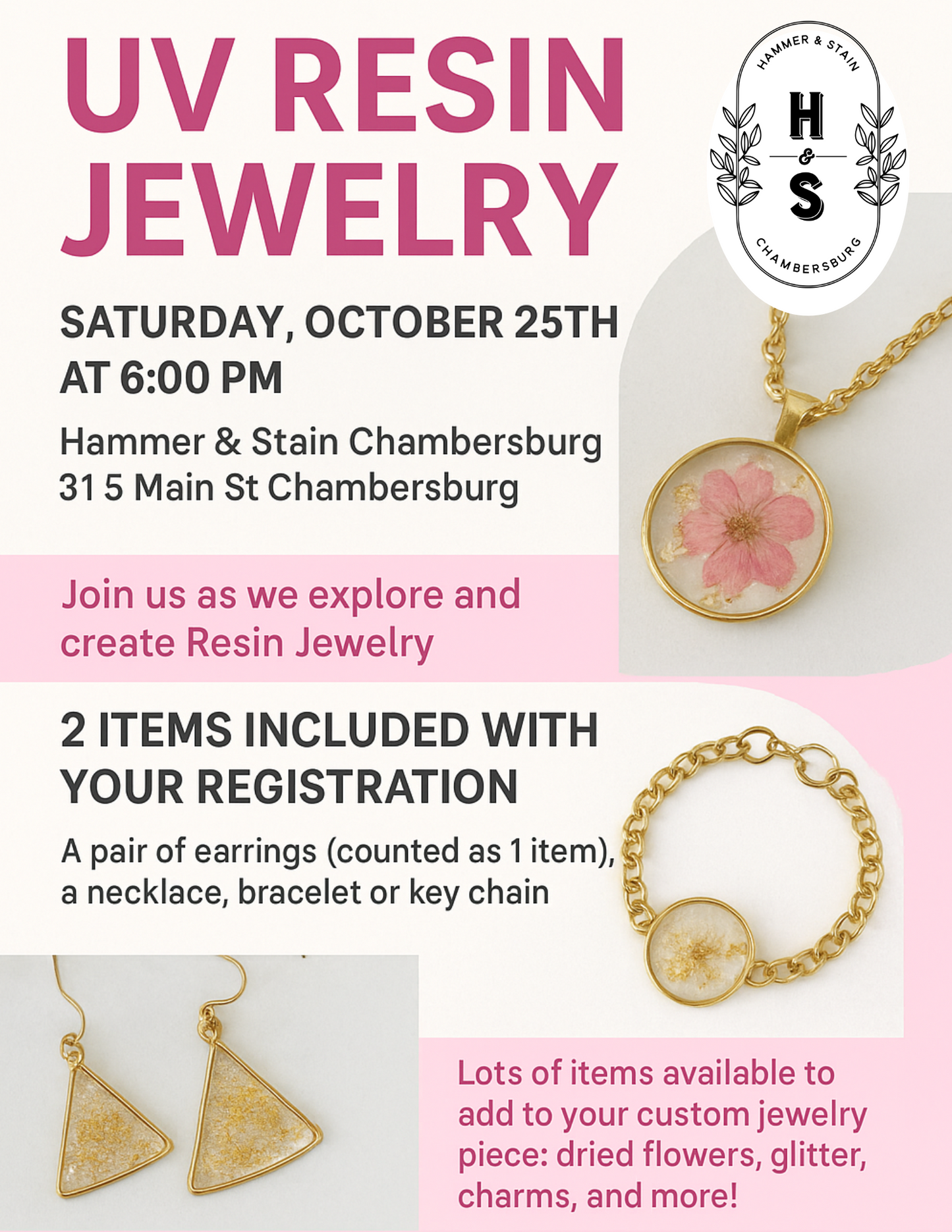 10/25/25 -NEW- UV Resin Jewelry Making Workshop 6pm